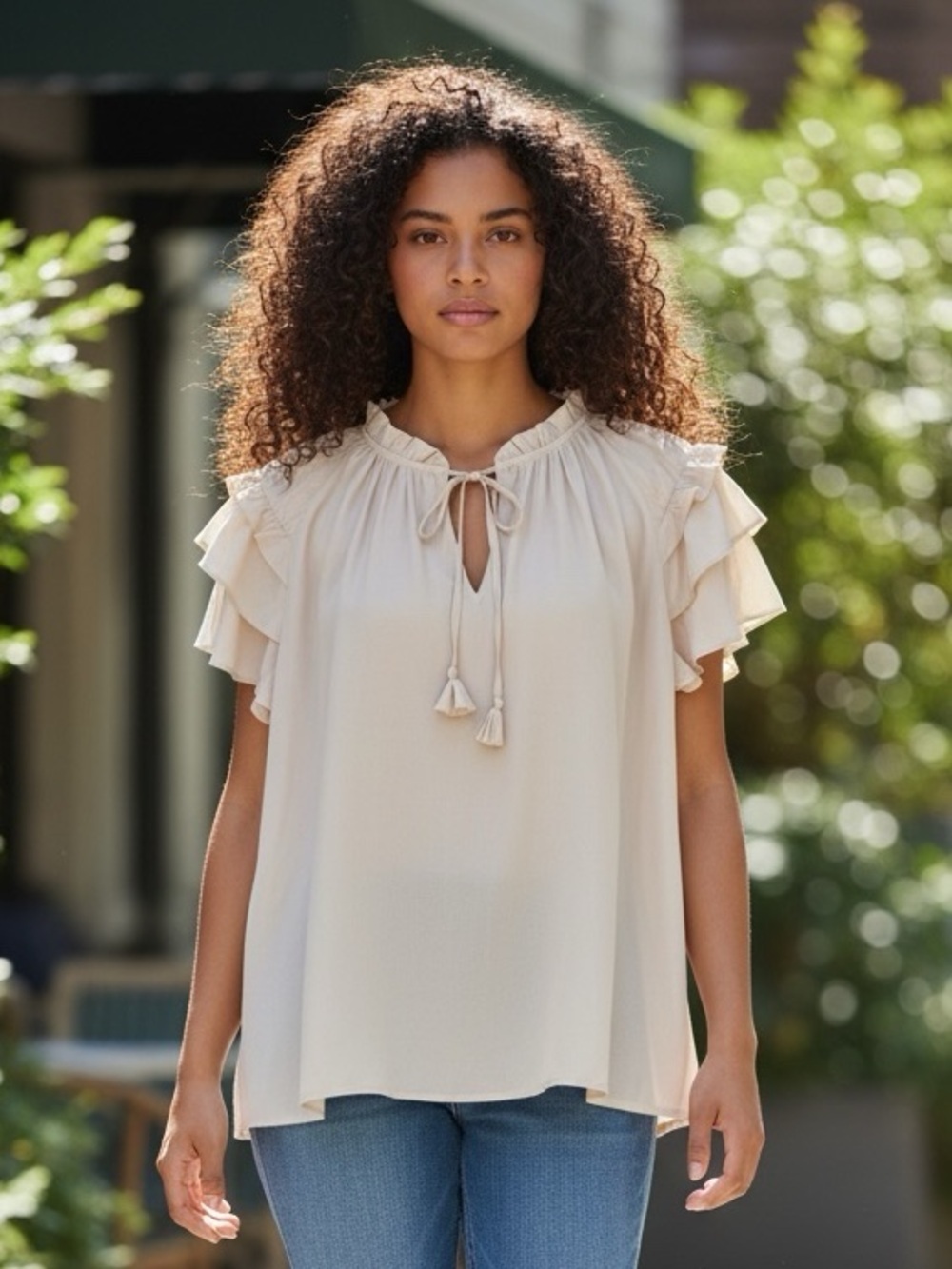 Rose & Olive Cream Ruffle Sleeve Tie-Neck Blouse XL